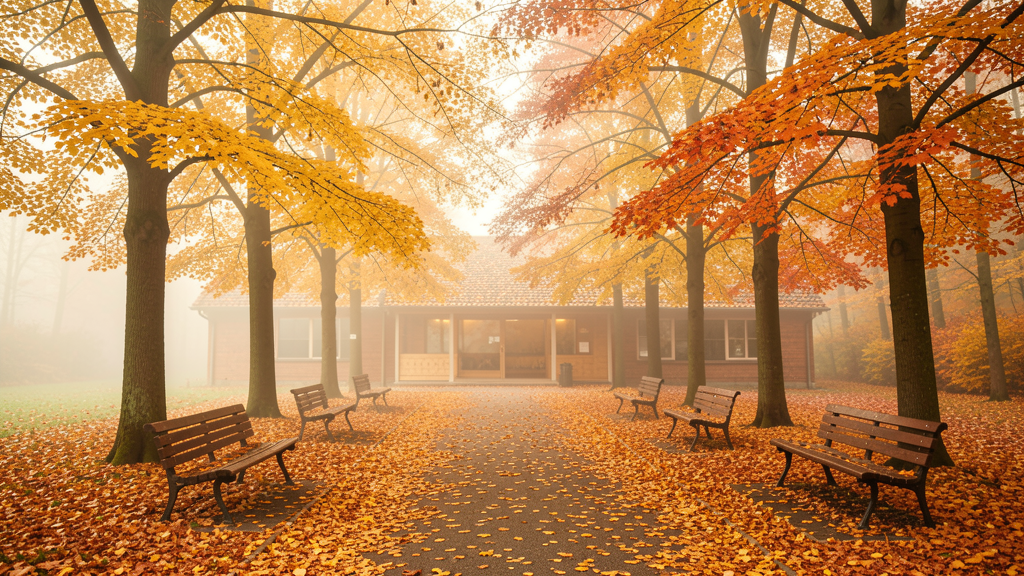 Zoo in autumn with golden leaf-covered pathways and misty atmosphere