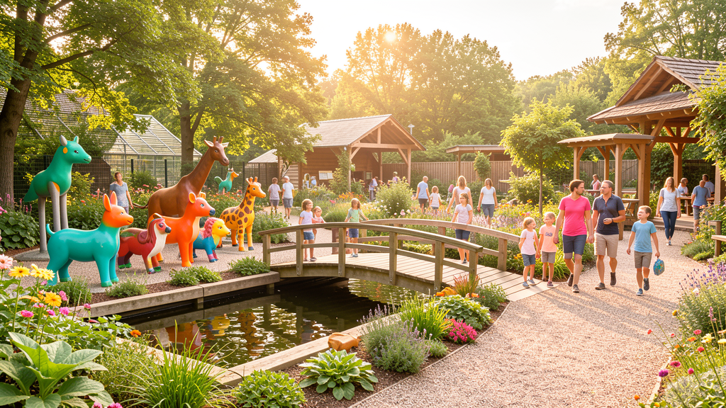 Colorful children's zoo area with botanical garden surroundings