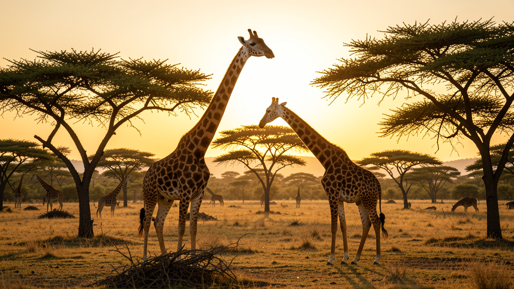 Tall giraffes browsing in spacious savanna enclosure with acacia trees