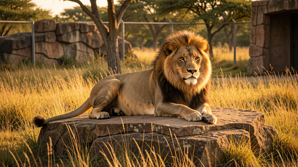 Lion on rocky plateau in naturalistic savanna enclosure