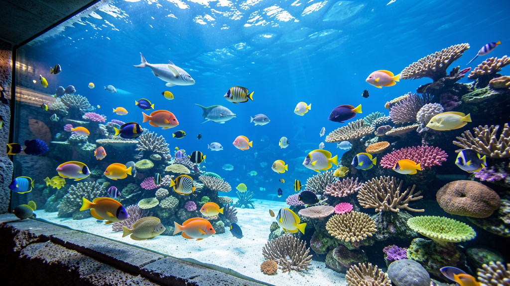 Underwater view of large aquarium with colorful tropical fish