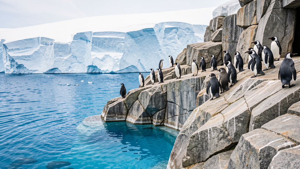 Penguins on rocky Antarctic cliffs beside blue water