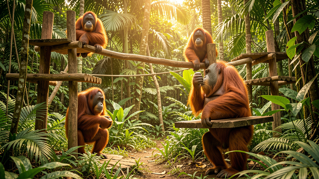 Orangutans in lush tropical forest enclosure with green foliage