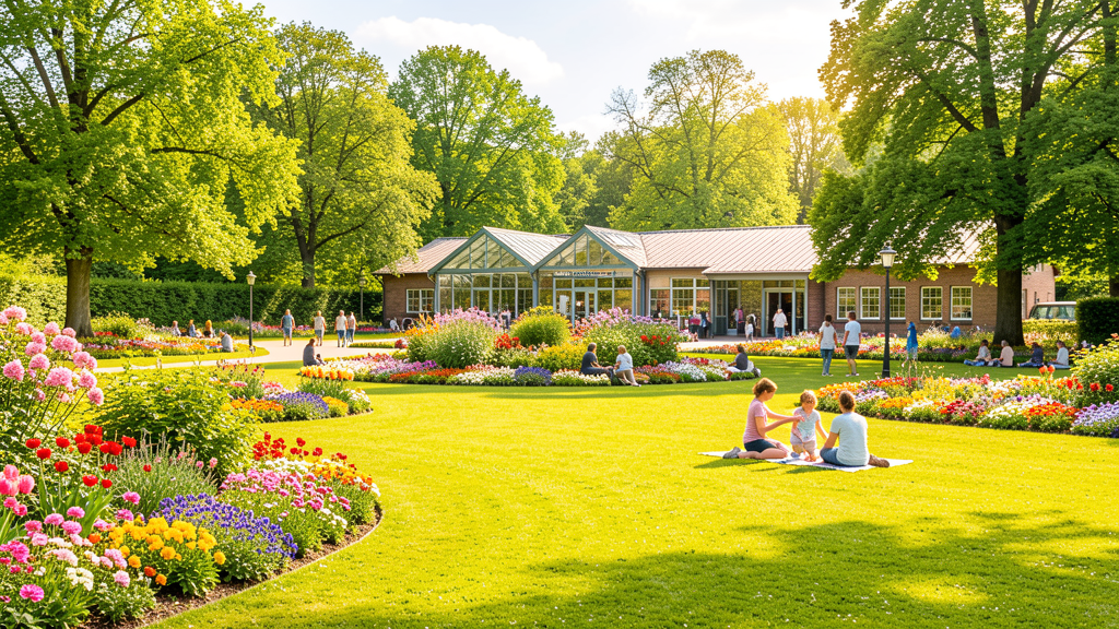 German zoo in spring with blooming flower gardens and lush green trees