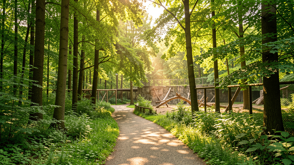 Lush green zoo pathway winding through natural landscape